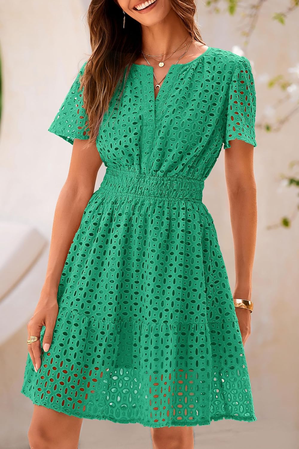 PRETTYGARDEN Womens 2025 Summer Short Dress V Neck Short Sleeve A Line Hollow Out Lace Ruffle Cute Casual Beach Party Dresses