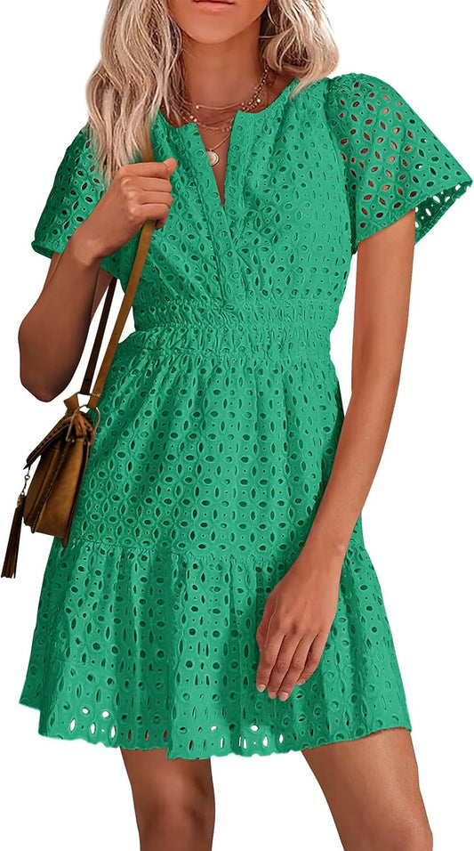 PRETTYGARDEN Womens 2025 Summer Short Dress V Neck Short Sleeve A Line Hollow Out Lace Ruffle Cute Casual Beach Party Dresses
