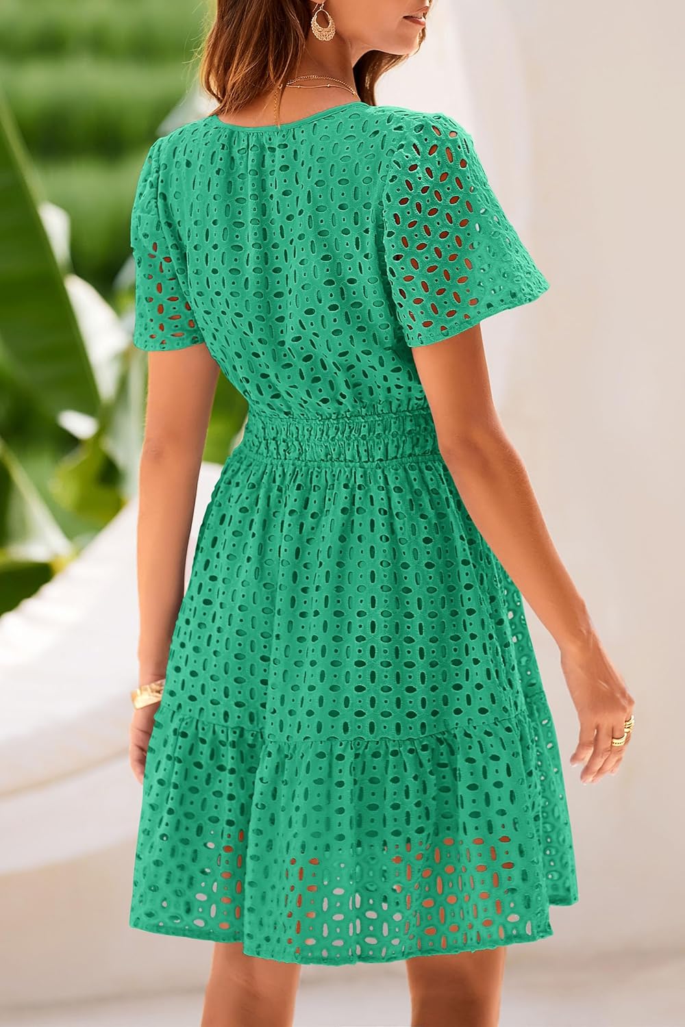 PRETTYGARDEN Womens 2025 Summer Short Dress V Neck Short Sleeve A Line Hollow Out Lace Ruffle Cute Casual Beach Party Dresses