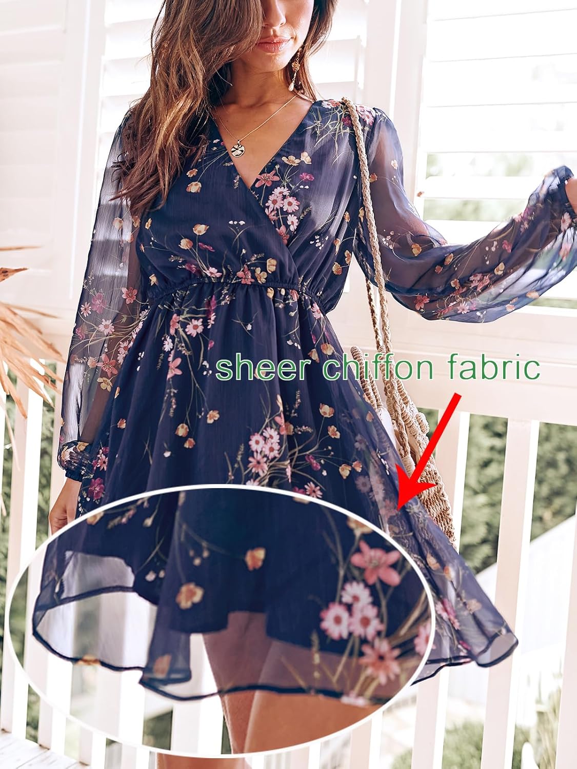 CUPSHE Women's Mini Dresses Casual Spring V Neck Chiffon Long Peasant Sleeves Flowy Summer Dress