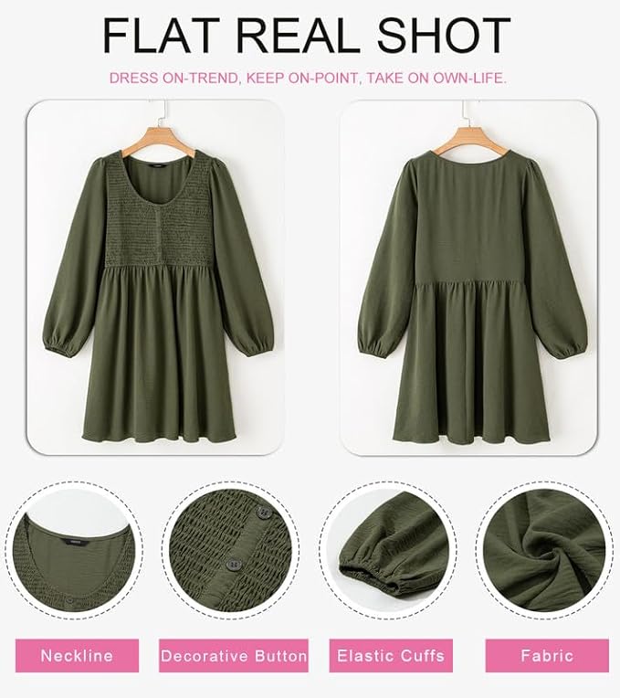 Dokotoo Womens 2025 Casual Dresses Smocked Crewneck Button Up Long Sleeve Empire Waist A-Line Mini Dress