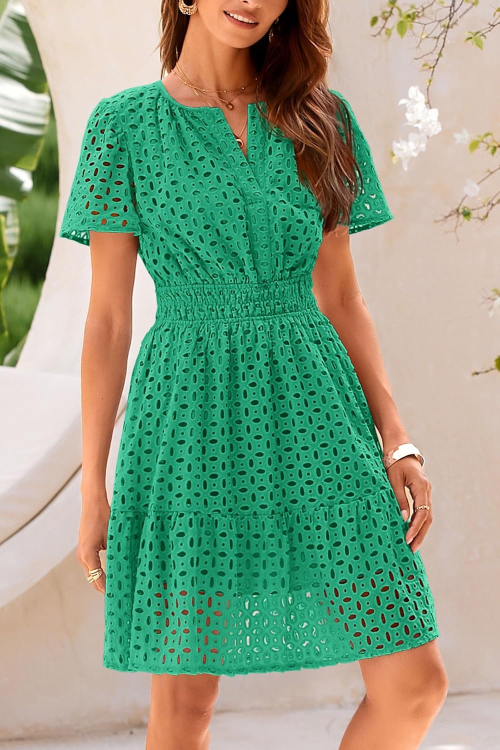 PRETTYGARDEN Womens 2025 Summer Short Dress V Neck Short Sleeve A Line Hollow Out Lace Ruffle Cute Casual Beach Party Dresses